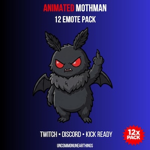 May include: Animated Mothman 12 Emote Pack graphic. The illustration features a cartoon Mothman with red eyes and a dark grey body, giving the middle finger. The text includes "Twitch, Discord, Kick Ready" and "UncommonEarthings".