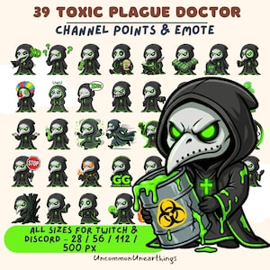May include: A collection of 39 Toxic Plague Doctor channel points and emotes. The emotes feature a plague doctor with a white beak, black hood, and green accents. The image includes text that says "ALL SIZES FOR TWITCH & DISCORD - 28 / 56 / 112 / 500 PX."
