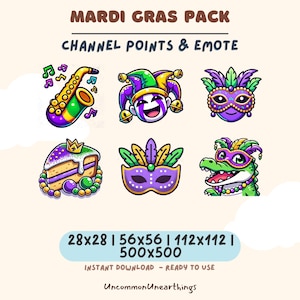 May include: A set of eight Mardi Gras themed Twitch channel point and emote icons. The icons feature a purple and green trumpet, a jester, a purple and green mask, a slice of cake with purple and green sprinkles, a purple and green mask, and a green alligator wearing a purple and green mask. The icons are available in four sizes: 28x28, 56x56, 112x112, and 500x500.