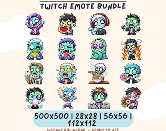 Chibi Zombie Twitch Emotes Bundle | 40 Cute Undead Emotes for Twitch, Discord & YouTube | Funny Halloween Gamer Emote Pack