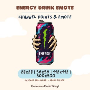 May include: A digital graphic of an energy drink can held by skeletal hands. The can is primarily dark blue with pink and teal accents, and the word "ENERGY" is displayed. Text at the top reads "ENERGY DRINK EMOTE" and "CHANNEL POINTS & EMOTE".
