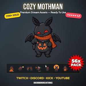 Könnte beinhalten: Ein digitales Grafikset mit dem Titel COZY MOTHMAN Premium Stream Assets — Ready To Use. Es zeigt eine schwarze, pelzige Kreatur mit roten Augen, Flügeln, einem orangefarbenen Schal und einem Kürbis-Design auf dem Bauch. Enthält ein 56x-Paket.