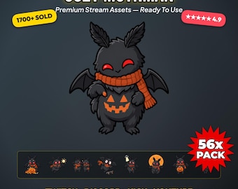 Może przedstawiać: Cyfrowy zestaw graficzny zatytułowany COZY MOTHMAN Premium Stream Assets — Ready To Use. Przedstawia czarne, futrzaste stworzenie z czerwonymi oczami, skrzydłami, pomarańczowym szalikiem i wzorem dyni na brzuchu. Zawiera pakiet 56x do streamingu.