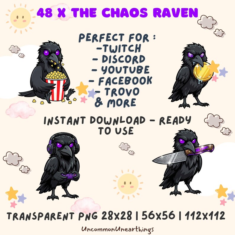 Digital download emote pack details showing instant access to 28px 56px and 112px sizes. Compatible with Twitch Discord and YouTube