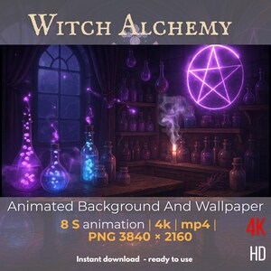 Witch Alchemy 4K animated scene with potion light, candle flicker, and cozy ambience for VTubers and YouTube streams.