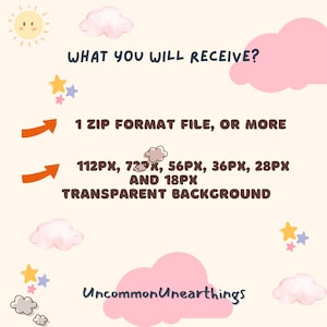 May include: A digital graphic with the text "WHAT YOU WILL RECEIVE?" and details of a ZIP file and pixel sizes. The design features cartoon clouds, stars, and a sun, with the text "UncommonUnearthings" at the bottom.