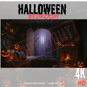 May include: A digitally created Halloween bedroom scene. The image features a bed, fireplace, and carved pumpkins with glowing faces. The text "HALLOWEEN BEDROOM" is at the top, with "4K HD" at the bottom. The scene is lit with warm, inviting light.