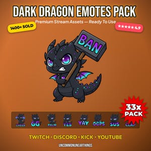 Mörk drake-emotespaket | 30 kawaii chibi-png, Twitch, Discord