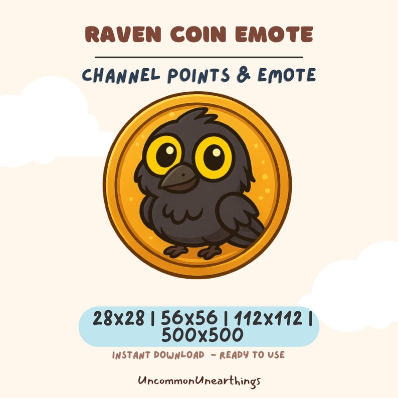 Cute Raven Coin Channel Point Icon. Vector illustration of a black crow bird sitting inside a large gold coin. Perfect symbol for donations, wealth, or loot for Gothic and Witchy Twitch streamers.