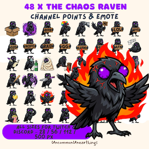 May include: A set of 48 digital raven emotes for Twitch and Discord. The emotes depict a black raven with purple eyes in different poses and holding items. Text includes "48 X THE CHAOS RAVEN" and "CHANNEL POINTS & EMOTE".