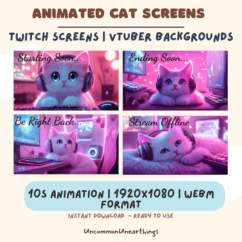 Puede incluir: Pantallas de gato animadas para Twitch y fondos de VTuber. La imagen presenta cuatro paneles con un gato de dibujos animados con auriculares. El texto incluye "Starting Soon", "Ending Soon", "Be Right Back" y "Stream Offline". La animaci&oacute;n dura 10 segundos y est&aacute; en formato WEBM 1920x1080.