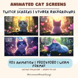 Animated Cat Twitch Screens: VTuber Streaming Pack (WEBM & PNG)