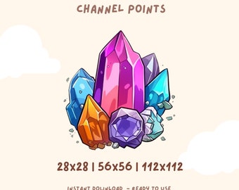 May include: A digital illustration of a group of colorful crystals in various shapes and sizes. The crystals are arranged in a cluster, with the largest crystal in the center. The text "CRYSTAL CHANNEL POINTS 28x28 | 56x56 | 112x112 INSTANT DOWNLOAD - READY TO USE UncommonUnearthings" is below the image.