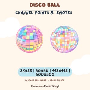 Main thumbnail featuring a shiny, iridescent disco ball emote in pastel pink and blue colors. Text reads 'DISCO BALL CHANNEL POINTS & EMOTES'. The mirror ball is glowing, perfect for New Year's Eve party streams and Hype Train rewards.