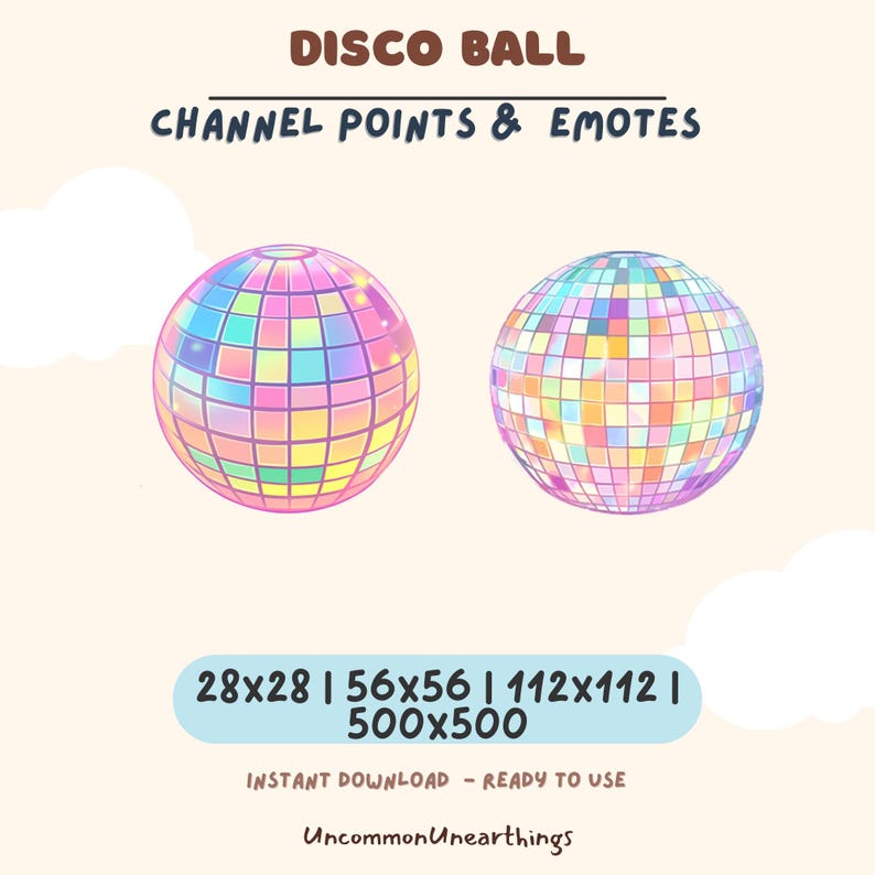 Main thumbnail featuring a shiny, iridescent disco ball emote in pastel pink and blue colors. Text reads 'DISCO BALL CHANNEL POINTS & EMOTES'. The mirror ball is glowing, perfect for New Year's Eve party streams and Hype Train rewards.