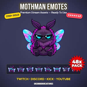 Könnte beinhalten: Ein digitales Grafikset mit dem Titel MOTHMAN EMOTES, das einen zentralen lila pelzigen Mottencharakter mit leuchtend blauen Augen, schwarzer Sonnenbrille und irisierenden Flügeln zeigt, der einen Daumen hoch gibt. Enthält ein 48er-Pack für Streaming.