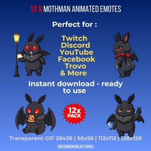 Mothman Animated Emote Pack for Twitch | Spooky Cute Cryptid Moth, Gothic Horror Discord image 3