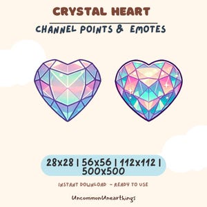 Kawaii Crystal Heart Emote & Badges | Streamer Graphics for Twitch, Discord, YouTube | Adorable Channel Points Asset