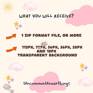 Puede incluir: Un gr&aacute;fico con un fondo rosa claro y azul claro con nubes blancas y estrellas amarillas. El texto "WHAT YOU WILL RECEIVE?" est&aacute; en texto marr&oacute;n. El texto "1 ZIP FORMAT FILE, OR MORE" est&aacute; en texto marr&oacute;n con una flecha naranja apuntando hacia la derecha. El texto "112PX, 72PX, 56PX, 36PX, 28PX AND 18PX TRANSPARENT BACKGROUND" est&aacute; en texto marr&oacute;n con una flecha naranja apuntando hacia la derecha. El texto "Uncommon Unearthings" est&aacute; en texto marr&oacute;n en la parte inferior del gr&aacute;fico.