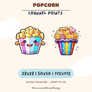 May include: Two cartoon popcorn graphics with the text "POPCORN CHANNEL POINTS". The popcorn buckets are colorful, with smiling faces and fluffy popcorn. The image also includes size options: 28x28, 56x56, and 112x112.
