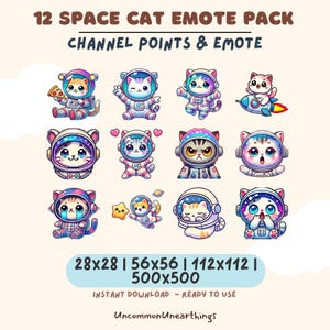 Puede incluir: Un conjunto de 12 emoticonos de gatos espaciales de dibujos animados. Cada gato lleva un traje espacial y muestra diferentes expresiones y poses. El texto en la parte superior dice "12 SPACE CAT EMOTE PACK CHANNEL POINTS & EMOTE". La imagen también incluye opciones de tamaño y el texto "INSTANT DOWNLOAD - READY TO USE".