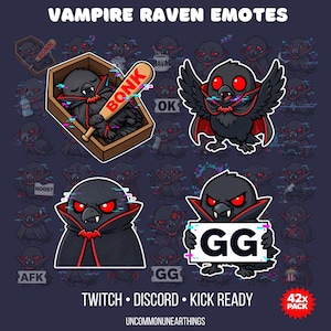 May include: A collection of vampire raven emotes in various poses, including one in a coffin with a baseball bat that says "BONK". The emotes are designed for Twitch, Discord, and Kick, with the text "TWITCH • DISCORD • KICK READY" at the bottom.