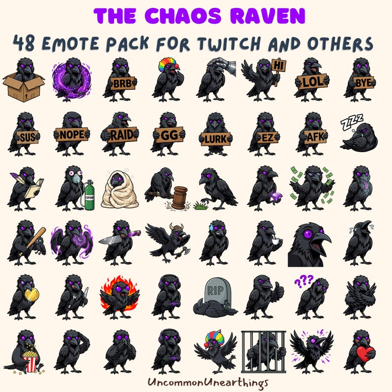 Collection of 48 funny crow emotes showing emotions like holding a knife, eating popcorn, and rip tombstone. Witchy sticker pack for discord.