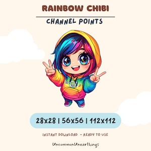 Könnte beinhalten: Ein Regenbogen-Chibi-Charakter mit einem Peace-Zeichen auf seinem Hoodie. Der Charakter macht mit beiden Händen ein Peace-Zeichen. Das Bild enthält den Text "RAINBOW CHIBI", "CHANNEL POINTS", "28x28 | 56x56 | 112x112", "INSTANT DOWNLOAD - READY TO USE" und "UncommonUnearthings".