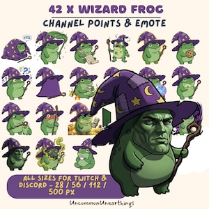 May include: A set of 42 cartoon wizard frog emotes for Twitch and Discord. Each green frog wears a purple wizard hat with stars and a crescent moon. The emotes depict various actions and expressions, with text that reads "Channel Points & Emote".