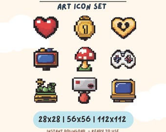 Retro Pixel Art Icon Set (Digital Download) 9 Icons