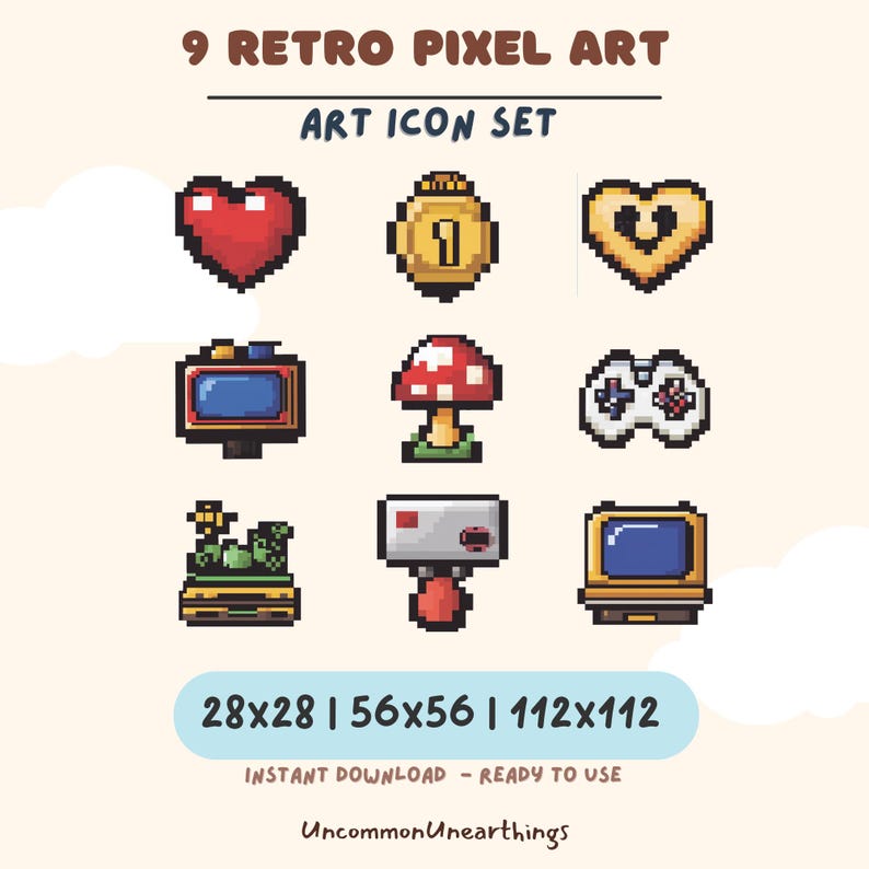 Set of 10 retro pixel art emotes including heart mushroom and controller.