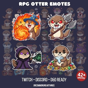 May include: A selection of RPG otter emotes, showcasing different characters and expressions. The otters are illustrated as wizards, warriors, and wealthy figures. The image includes the text "RPG OTTER EMOTES", "TWITCH • DISCORD • D&D READY", and "42+ EMOTES".