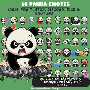 May include: A set of 60 panda emotes designed for Twitch, Discord, Kick, and YouTube. The emotes depict pandas in diverse poses and moods, from anger to joy. The image includes text stating "60 Panda Emotes" and "All Sizes for Twitch & Discord".