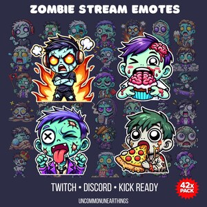 May include: A collection of zombie-themed stream emotes. The emotes feature cartoon zombies with various expressions and actions, including eating brains and pizza. The text "ZOMBIE STREAM EMOTES", "TWITCH • DISCORD • KICK READY", and "42x PACK" are displayed.
