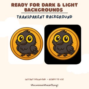 May include: A cartoon black bird with yellow eyes and a yellow beak is inside a gold circle. The image is on a transparent background, so it can be used on both dark and light backgrounds.