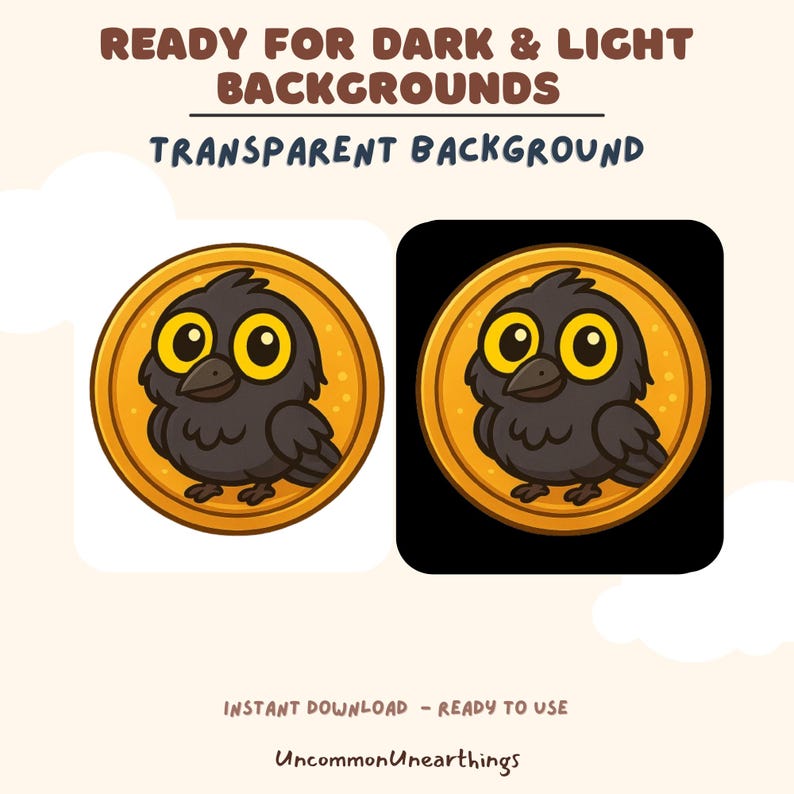 May include: A cartoon black bird with yellow eyes and a yellow beak is inside a gold circle. The image is on a transparent background, so it can be used on both dark and light backgrounds.
