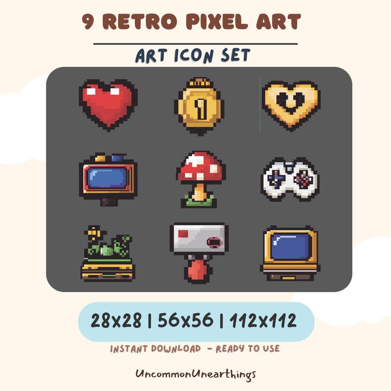 Set of 10 retro pixel art emotes including heart mushroom and controller. Black Background
