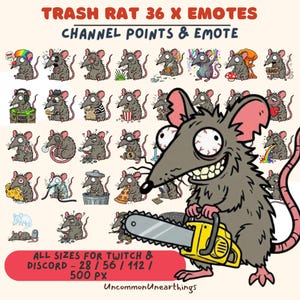 May include: A digital art graphic featuring 36 cartoon rat emotes with various expressions and props. The title "Trash Rat 36 X Emotes" is at the top. The image includes text: "Channel Points & Emote" and "All Sizes For Twitch & Discord - 28 / 56 / 112 / 500 PX".