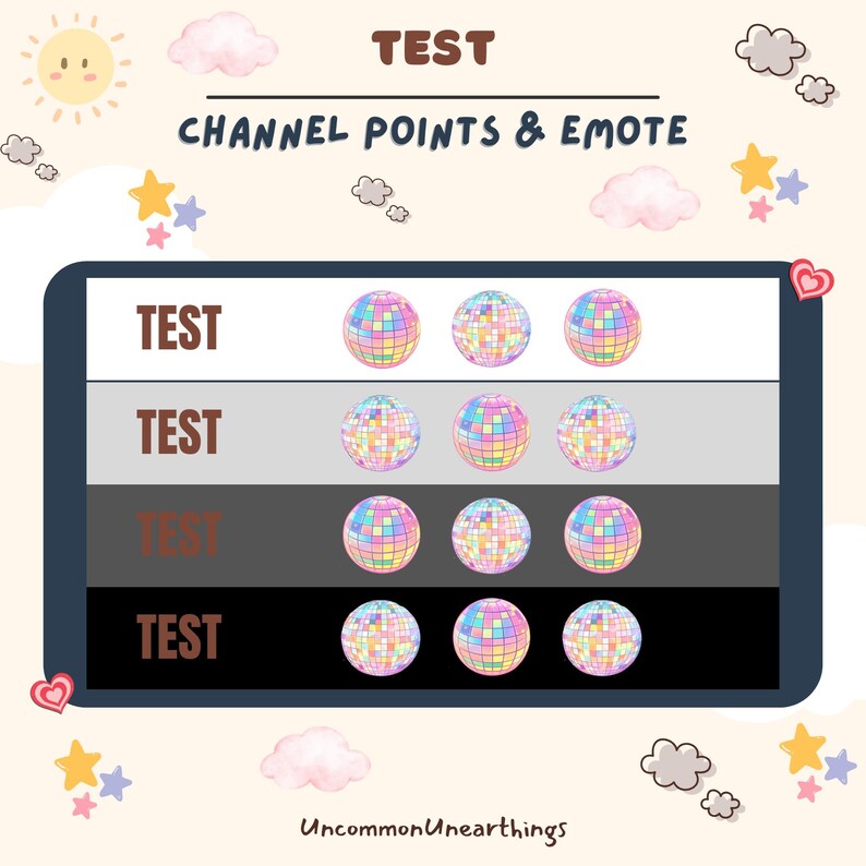 Visibility test sheet showing the disco ball emote across four different background rows: white, light grey, dark grey, and pure black. Proves that the shiny party icon looks perfect in every chat environment without blending into the background.