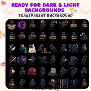 High contrast raven emotes displayed on dark background. The purple glowing eyes and black feathers pop clearly for dark mode users.