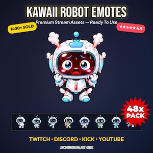 May include: A digital graphic set titled Kawaii Robot Emotes featuring a central illustration of a white and red robot with a thermometer icon on its chest, surrounded by steam. The pack includes 48x emotes for Twitch, Discord, Kick, and YouTube platforms.