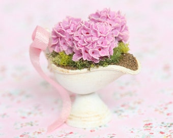 Dollhouse Miniature Pink Hydrangeas Flower Plant in White Planter