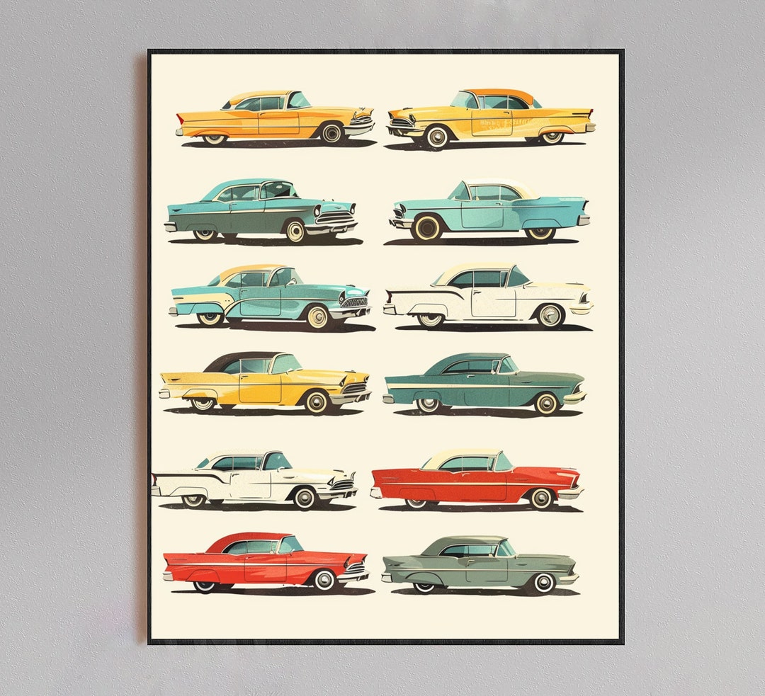 Cars Collection Print Vintage Car Collection Print Mid Century Modern Wall Art Decor, Canvas ...