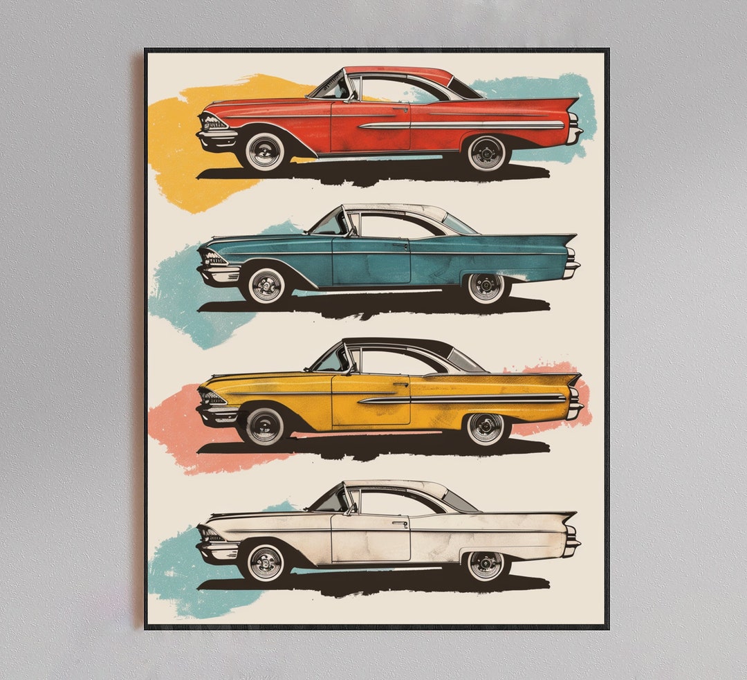 Cars Collection Print Vintage Car Collection Print Mid Century Modern Wall Art Decor, Canvas ...