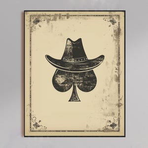 Poster vintage con cappello da cowboy e carte da gioco, decorazione da parete western, arredamento rustico per la casa, stampa artistica da parete vintage con asso di picche in stile western