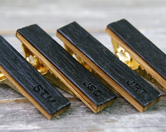 Groomsmen tie clip set crafted from a Whiskey Barrel - Free personalization: Initials, dates, or short names!