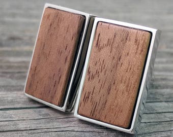 American Black Walnut Wood Cufflinks in Silver Bezel - Excellent Wedding Gift!