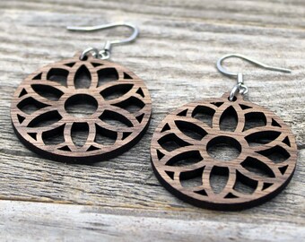 Walnut Wood Mandala Earrings, Hypoallergenic Stainless Steel