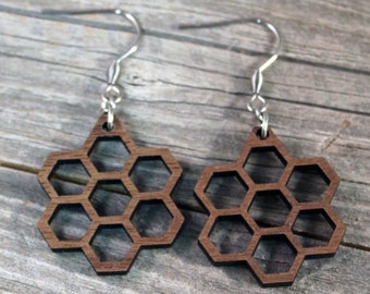 Lightweight Wooden Honeycomb Earrings with Hypoallergenic Stainless Steel Hooks Crafted from American Black Walnut