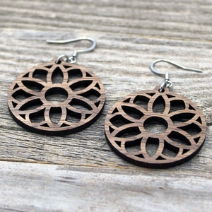 Lightweight Wooden Mandala Earrings / Intricate Earrings / Mandala from Wood / Hypoallergenic / American Black Walnut Wood